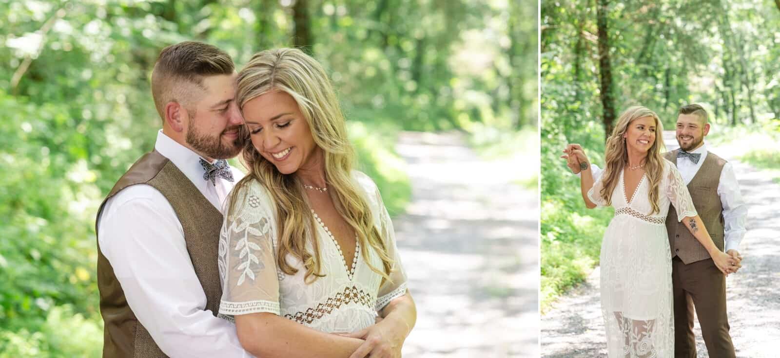 bride and groom play and relax in sunlight